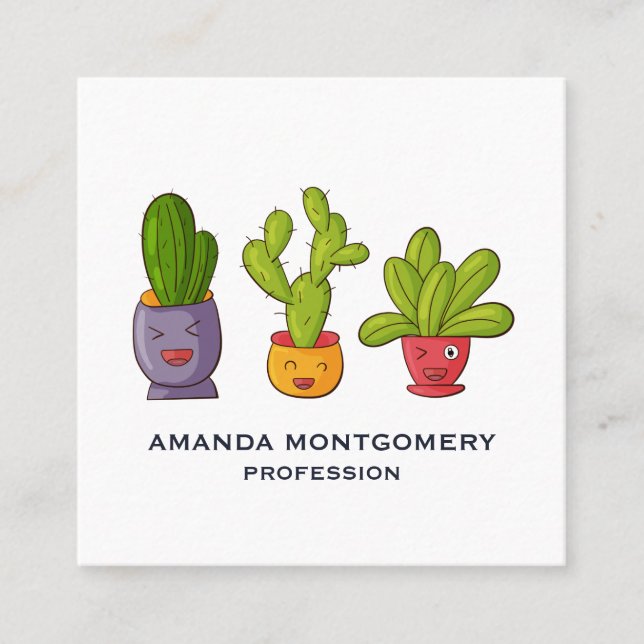 Tarjeta De Visita Cuadrada Tres cactus en Ilustracion divertido de macetas de (Anverso)