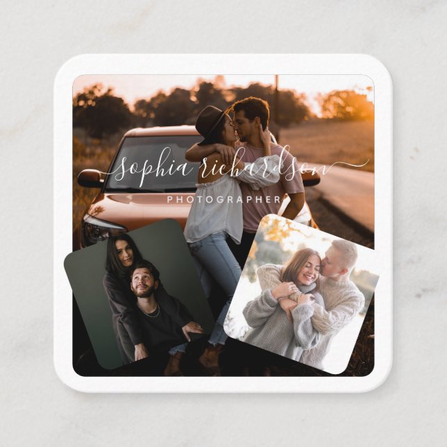 Tarjeta De Visita Cuadrada Tres fotos firma casual en blanco y negro (Anverso)