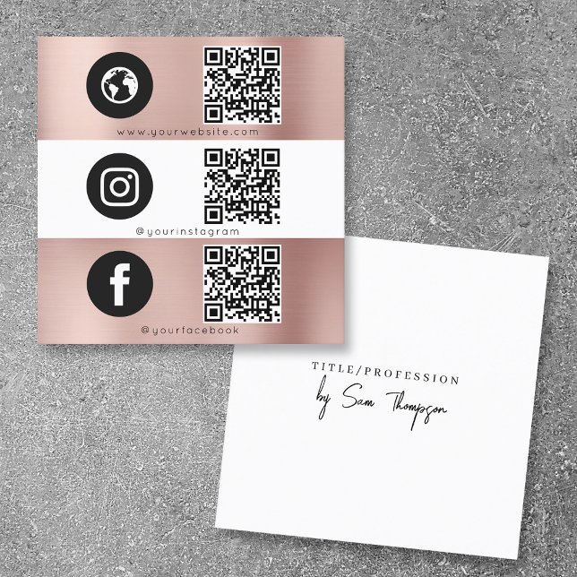 Tarjeta De Visita Cuadrada Triple icono Código QR Código Medios sociales Rosa (Triple Icon QR Code Social Media Rose Gold Square Business Card)