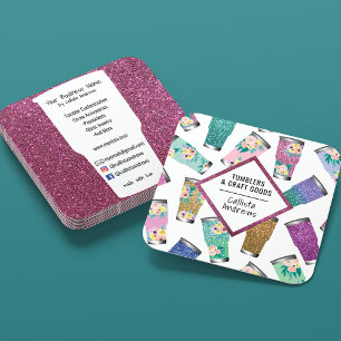 Tarjeta De Visita Cuadrada Tumbler Crafter, Purpurina floral Verde azulado de