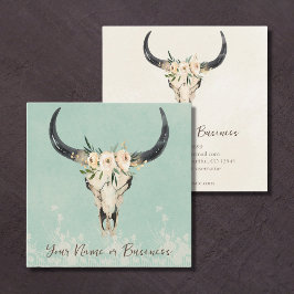 Tarjeta De Visita Cuadrada Turquesa de vaca floral Boho y crema