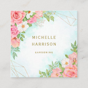 Tarjeta De Visita Cuadrada Turquesa rosa Ombre Floral Bouquet acuarela
