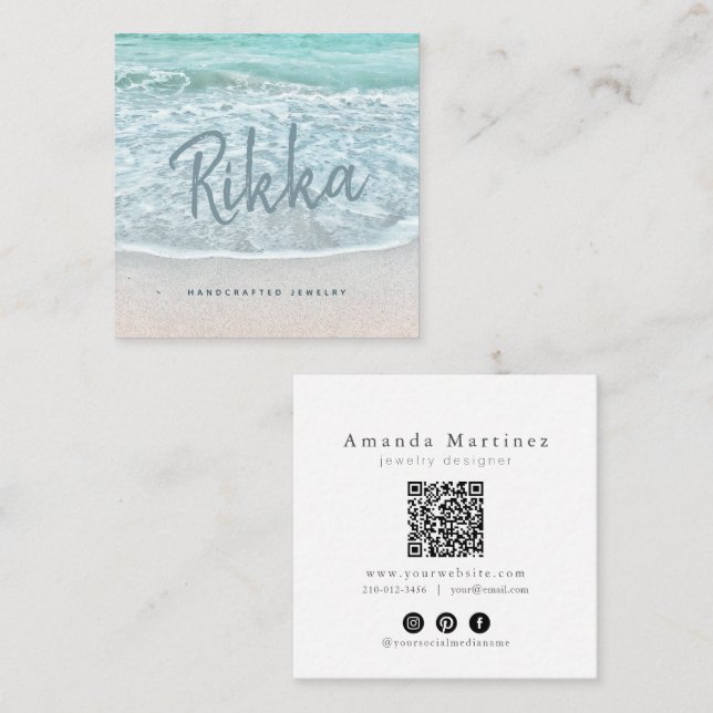 Tarjeta De Visita Cuadrada Turquoise Ocean Sandy Beach Handmade Jewelry QR (Anverso / Reverso)