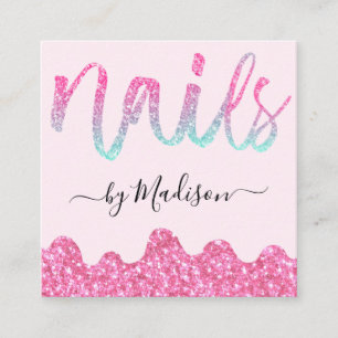 Tarjeta De Visita Cuadrada Uñas con gotas de brillo rosa Glam manicura salón