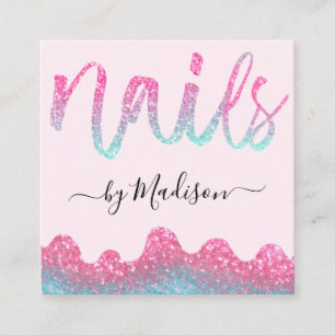 Tarjeta De Visita Cuadrada Uñas con gotas de brillo rosa glamuroso Salón de m