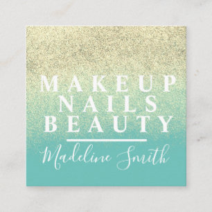 Tarjeta De Visita Cuadrada Uñas de artista de maquillaje doradas teal con bri