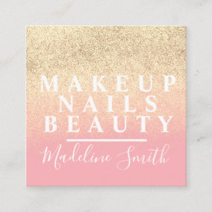 Tarjeta De Visita Cuadrada Uñas de artista de maquillaje rosa dorado con bril