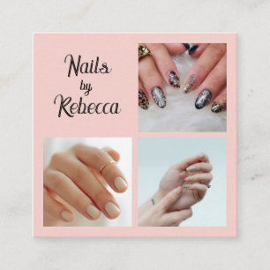 Tarjeta De Visita Cuadrada Uñas de foto script negro rosa elegante 3 