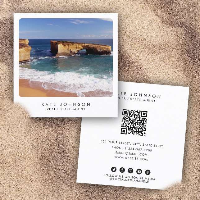 Tarjeta De Visita Cuadrada Único agente inmobiliario Beach Ocean Full Photo (Unique Real Estate Agent Beach Ocean Full Photo Square Business Card)