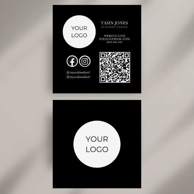 Tarjeta De Visita Cuadrada Único código QR en blanco y negro (Unique Black and White QR Code Social Media Square Business Card)