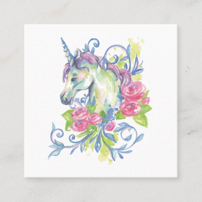 Tarjeta De Visita Cuadrada Unicornio con rosas (Anverso)