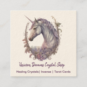 Tarjeta De Visita Cuadrada Unicornio morado y flores