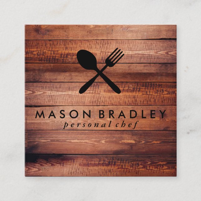Tarjeta De Visita Cuadrada Utensilios de madera rústica (Anverso)