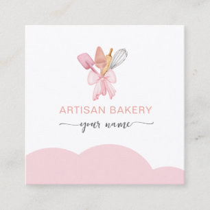 Tarjeta De Visita Cuadrada Utensilios de panadería con lazo rosa Modern Blush