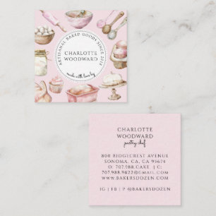 Tarjeta De Visita Cuadrada Utensilios de Postres de Acuarela Rosa de Panadero