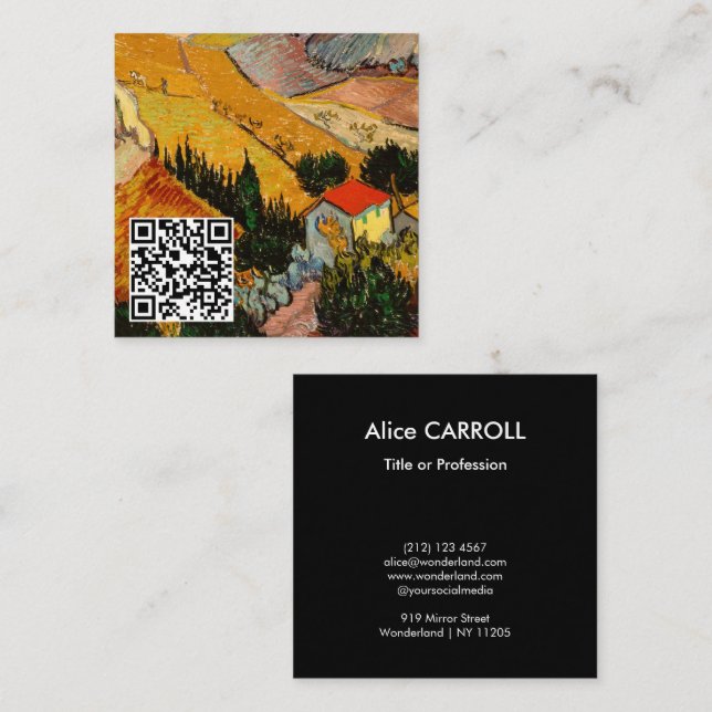 Tarjeta De Visita Cuadrada Van Gogh - Paisaje, Casa, Plowman - Código QR (Anverso / Reverso)