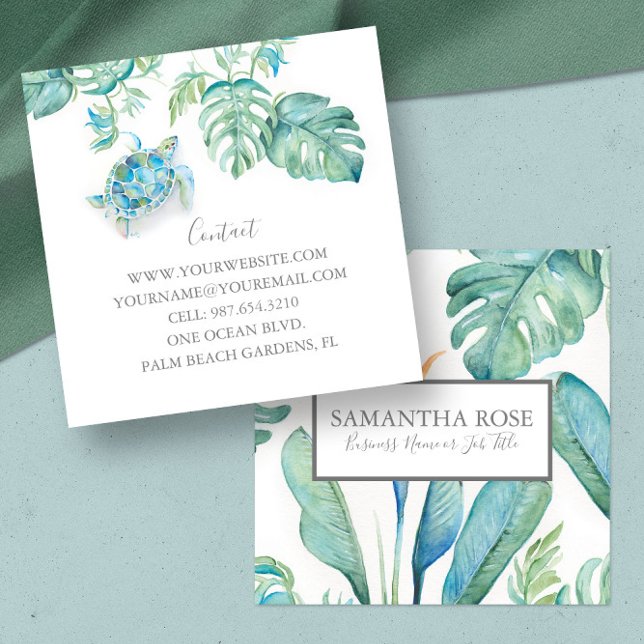 Tarjeta De Visita Cuadrada Vegetación tropical de la tortuga marina acuática (Florida tropical sea turtle business cards feature watercolor art Victoria Grigaliunas DoTellABelle)