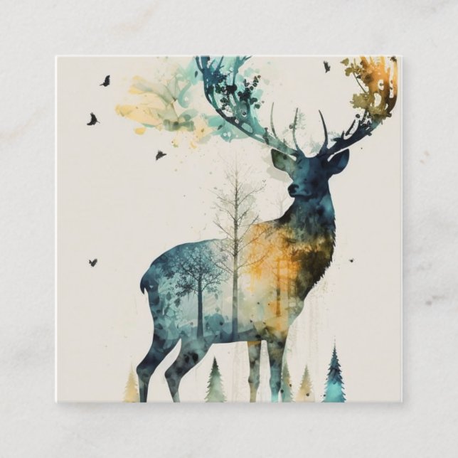 Tarjeta De Visita Cuadrada Venado acuarela en el bosque (Anverso)