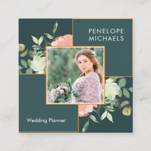 Tarjeta De Visita Cuadrada Verde azul oscuro con foto de Bouquet floral