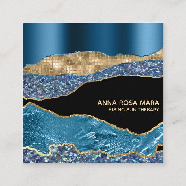 Tarjeta De Visita Cuadrada *~* Verde azulado Glam Agate Geode Gold Purpurina  (Anverso)