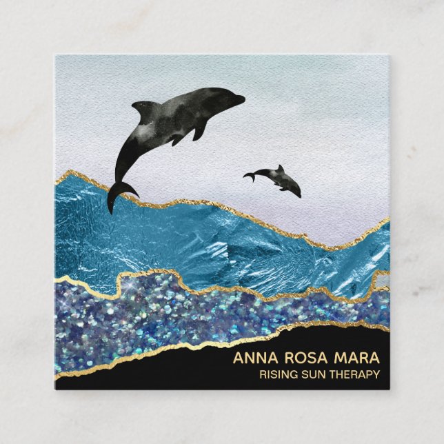 Tarjeta De Visita Cuadrada *~* Verde azulados delfines de Glam Beach Purpurin (Anverso)