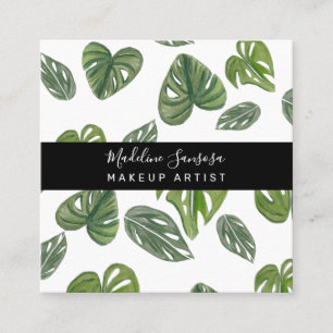 Tarjeta De Visita Cuadrada Verde de Jungla Monstera Salón de Maquillaje Acuar