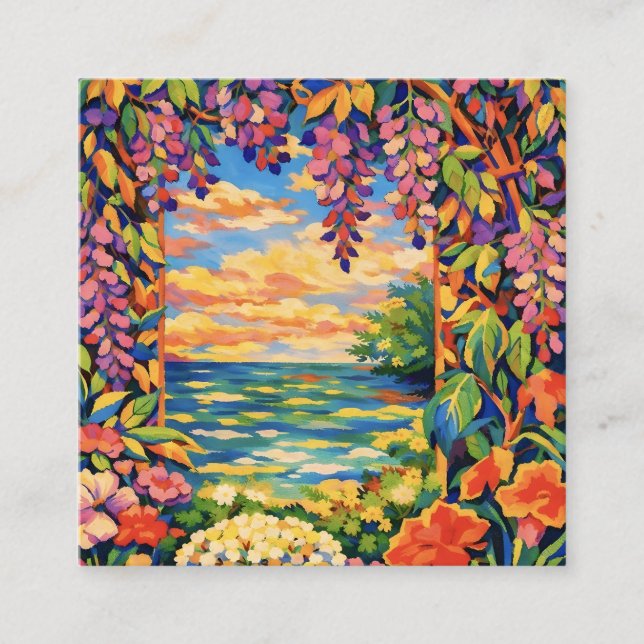 Tarjeta De Visita Cuadrada Vibrant Coastal Garden Window – Fauvist Botanical  (Anverso)