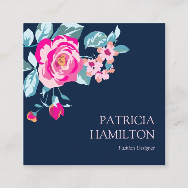 Tarjeta De Visita Cuadrada Vibrante Patrón De Flores De Rosa Caliente En Azul (Anverso)
