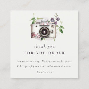 Tarjeta De Visita Cuadrada Vintage Floral Camera Photography Thank You Order