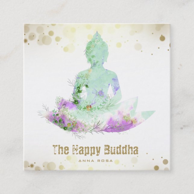 Tarjeta De Visita Cuadrada *~* Violet Aqua Buddha QR AP33 Floral Lotus (Anverso)
