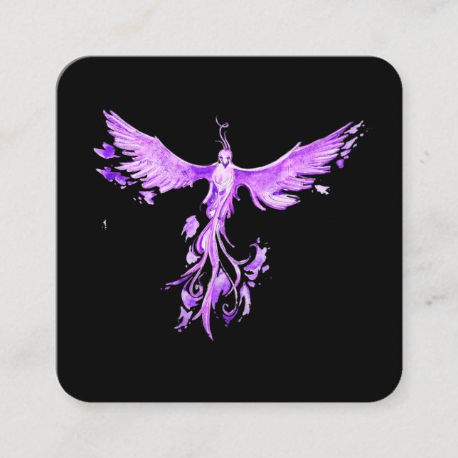 Tarjeta De Visita Cuadrada *~* VIOLET PINK Feathers Phoenix Rising en Negro (Anverso)