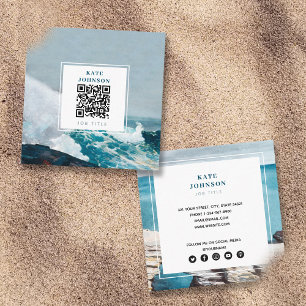 Tarjeta De Visita Cuadrada Watercolor Beach Ocean QR Code Social Media