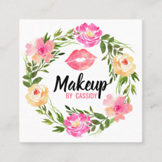 Tarjeta De Visita Cuadrada Watercolor Floral Wreath Makeup Arist Business Ca