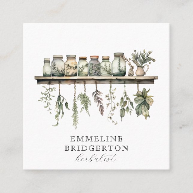 Tarjeta De Visita Cuadrada Watercolor Herbalist Apothecary (Anverso)