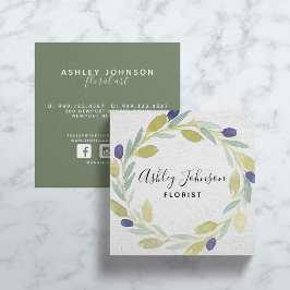Tarjeta De Visita Cuadrada Watercolor Leaf Olive Wreath Sage Tipografía Verde