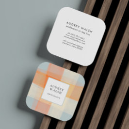 Tarjeta De Visita Cuadrada Watercolor Plaid Naranja Cream Blue profesional