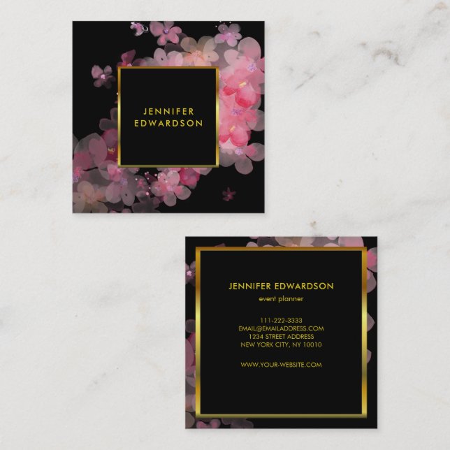 Tarjeta De Visita Cuadrada Watercolor rosa floral dorado profesional (Anverso / Reverso)