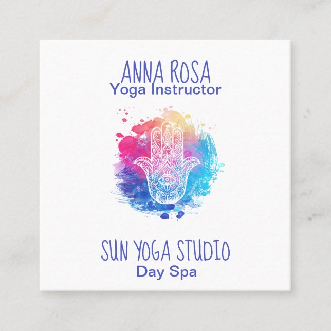 Tarjeta De Visita Cuadrada *~* Watercolor Spa Hamsa Hand Yoga (Anverso)