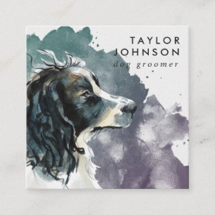 Tarjeta De Visita Cuadrada Watercolor Springer Spaniel Dog Groomer