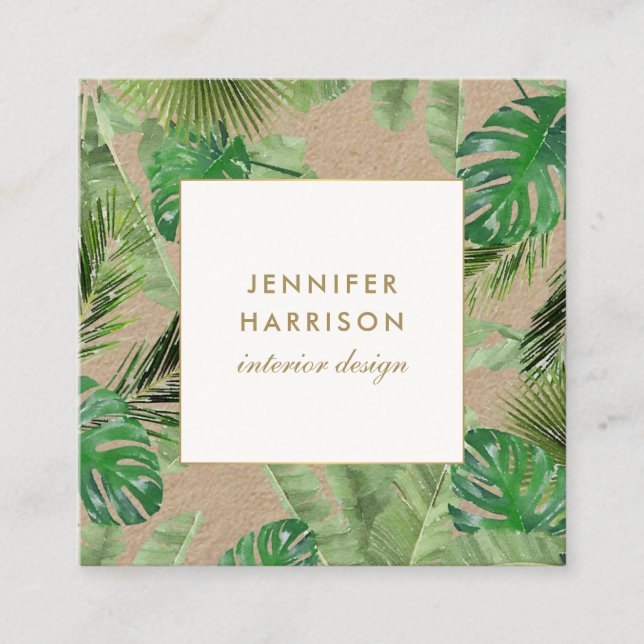 Tarjeta De Visita Cuadrada Watercolor Tropical Leaves Pattern Kraft (Anverso)