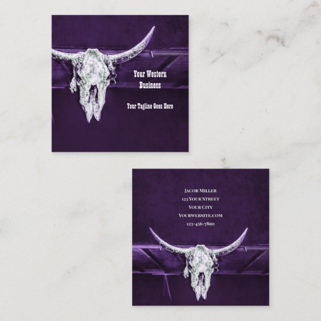 Tarjeta De Visita Cuadrada Western Purple White Rustic Bull Cow Skull Barn (Anverso / Reverso)