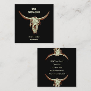 Tarjeta De Visita Cuadrada Western Rustic Tattoo Shop Bull Skull