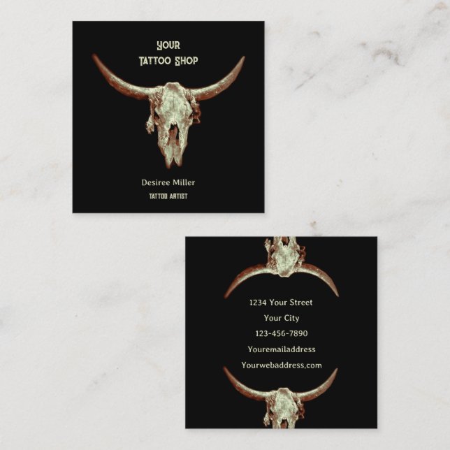 Tarjeta De Visita Cuadrada Western Rustic Tattoo Shop Bull Skull (Anverso / Reverso)