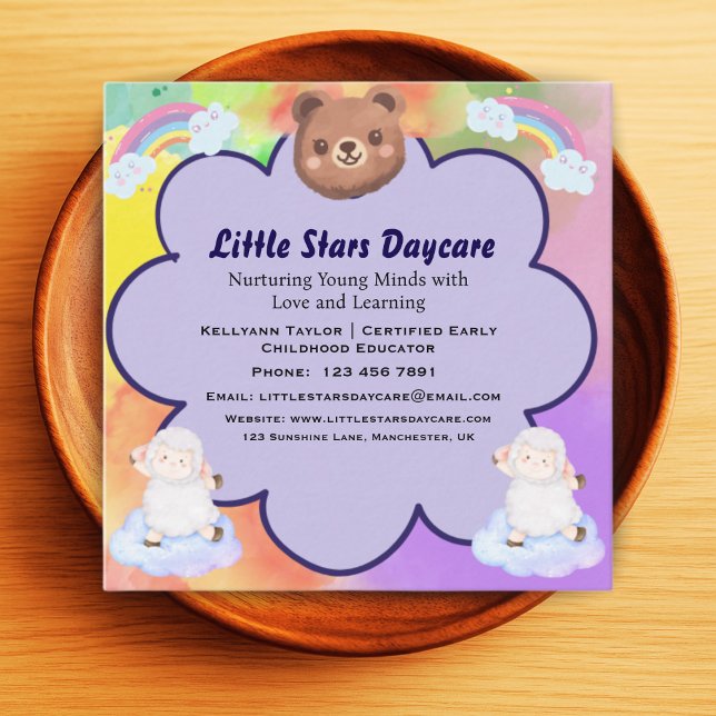 Tarjeta De Visita Cuadrada Whimsical Cute Rainbow Animal Daycare Card Kids (Subido por el creador)