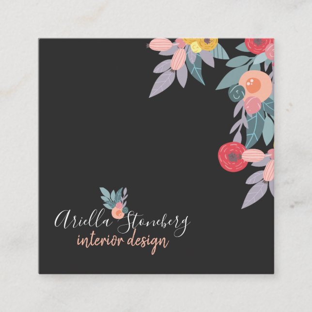 Tarjeta De Visita Cuadrada Whimsical Pintado Bloom | Floral sobre negro (Anverso)