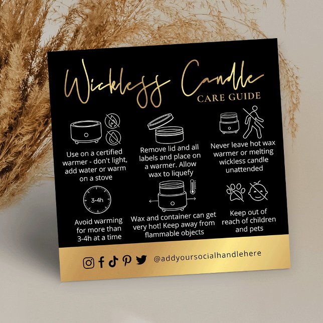 Tarjeta De Visita Cuadrada Wickless Candle Black & Gold Script Logo Care Card (Subido por el creador)