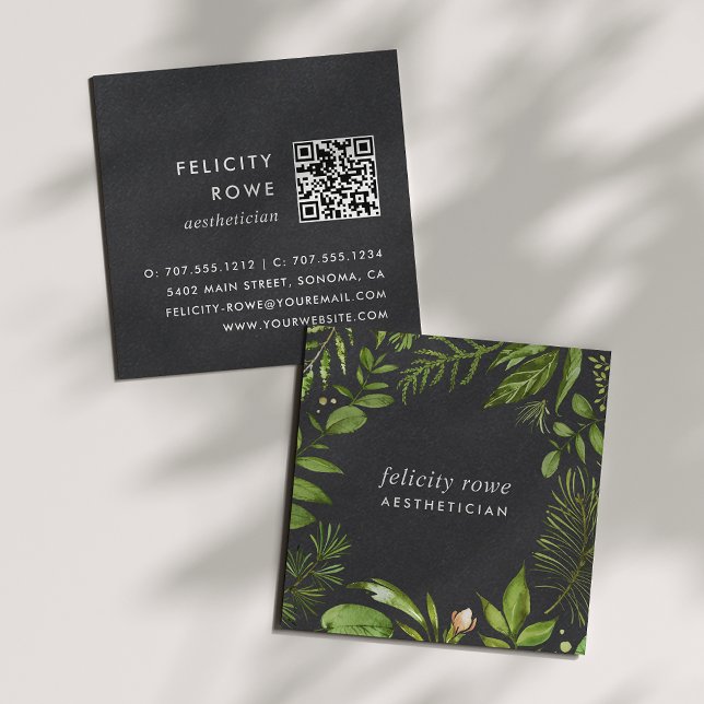 Tarjeta De Visita Cuadrada Wild Meadow | Código QR del marco botánico negro (Subido por el creador)