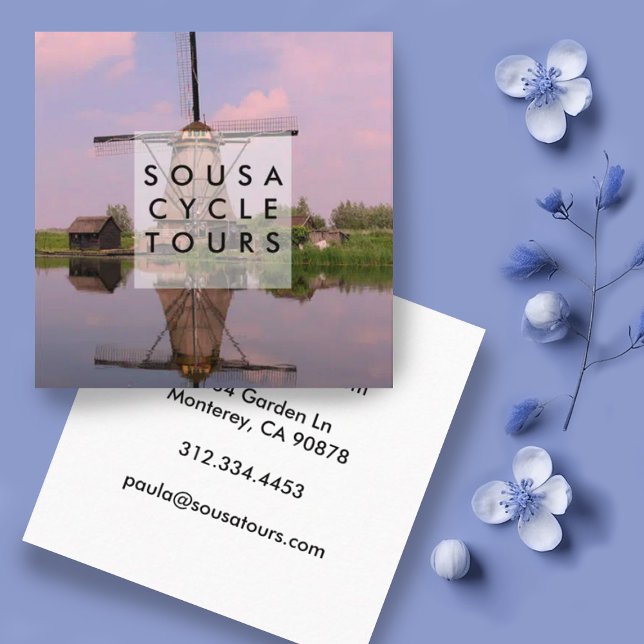Tarjeta De Visita Cuadrada Windmill Dutch Kinderdijk Photo Travel Tourism (Custom photography business card, square format. Photo of Dutch windmill at sunset.)