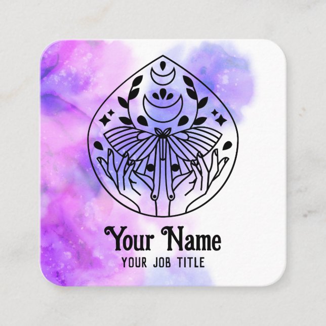 Tarjeta De Visita Cuadrada Witchy Mystic Moth Moon Spiritual Business Card (Anverso)