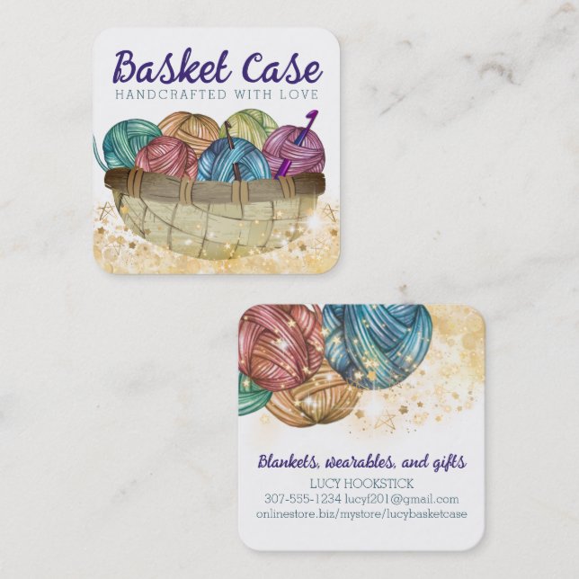 Tarjeta De Visita Cuadrada Yarn canket crochet ganchos artesanías caseras (Anverso / Reverso)